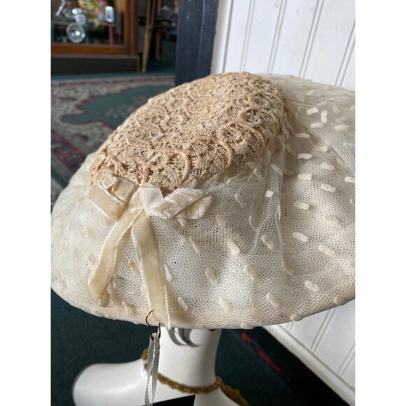 vintage 1950s cream platter hat flocked swiss dot 50s saucer crochet wide brim main image 4